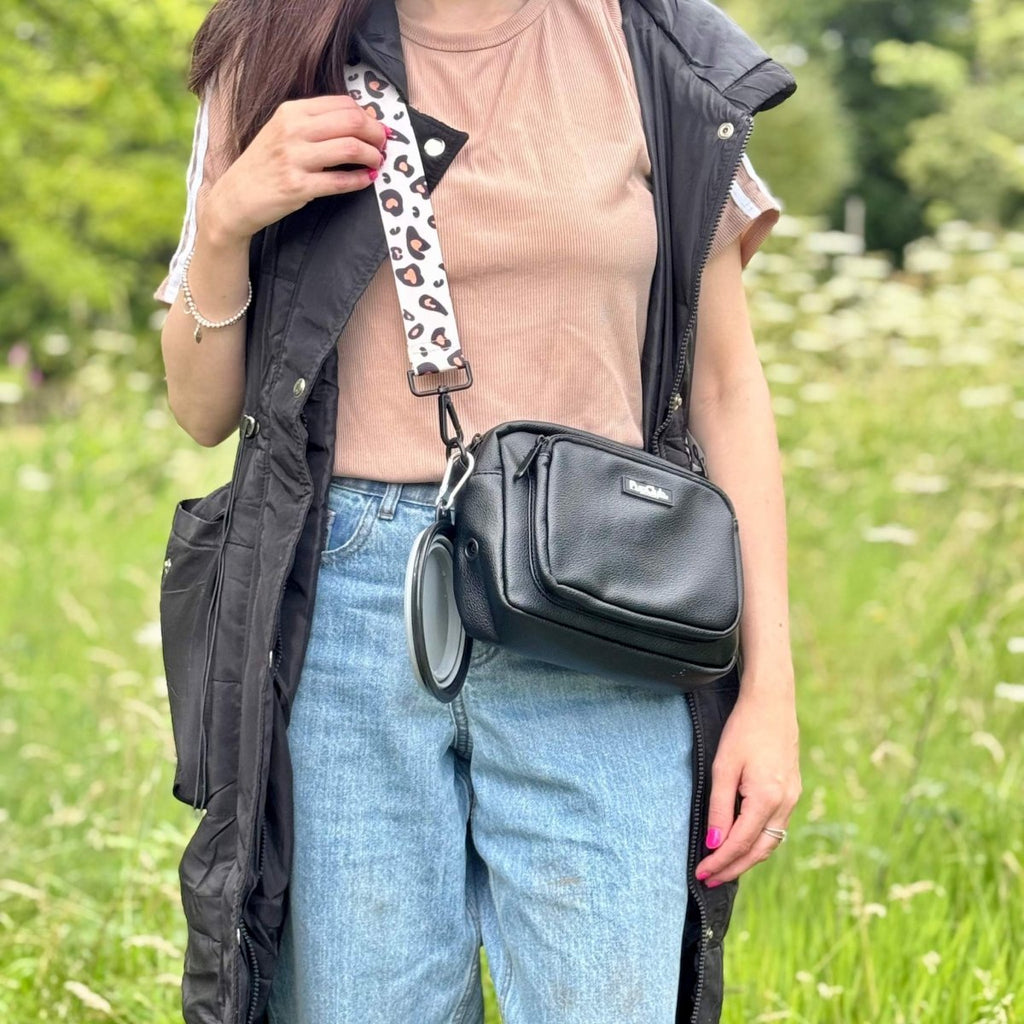 Black Vegan Leather Crossbody Dog Walking Bag