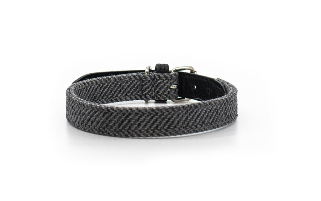 Balmoral Grey Herringbone & Leather Dog Collar