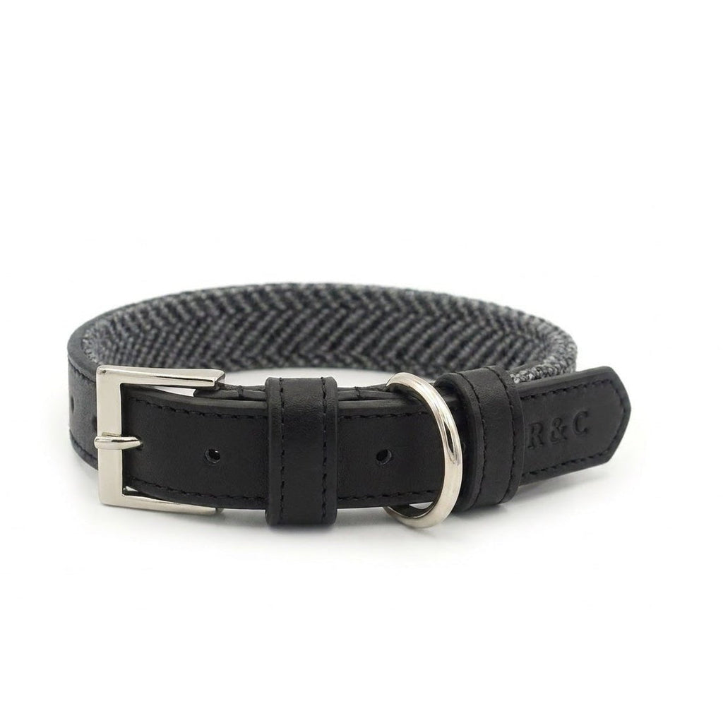 Balmoral Grey Herringbone & Leather Dog Collar