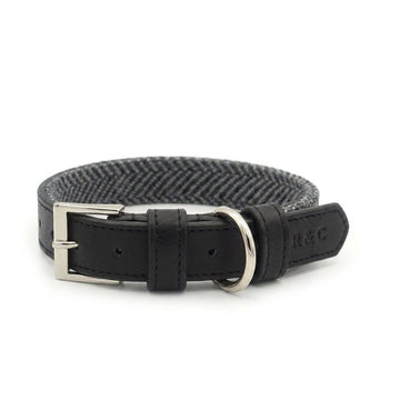 Balmoral Grey Herringbone & Leather Dog Collar