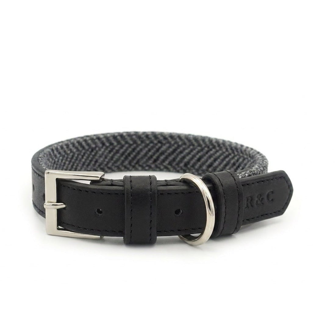 Balmoral Grey Herringbone & Leather Dog Collar