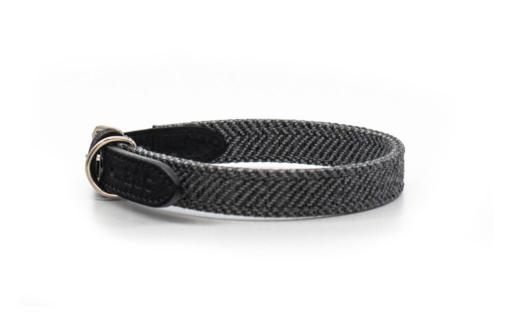 Balmoral Grey Herringbone & Leather Dog Collar