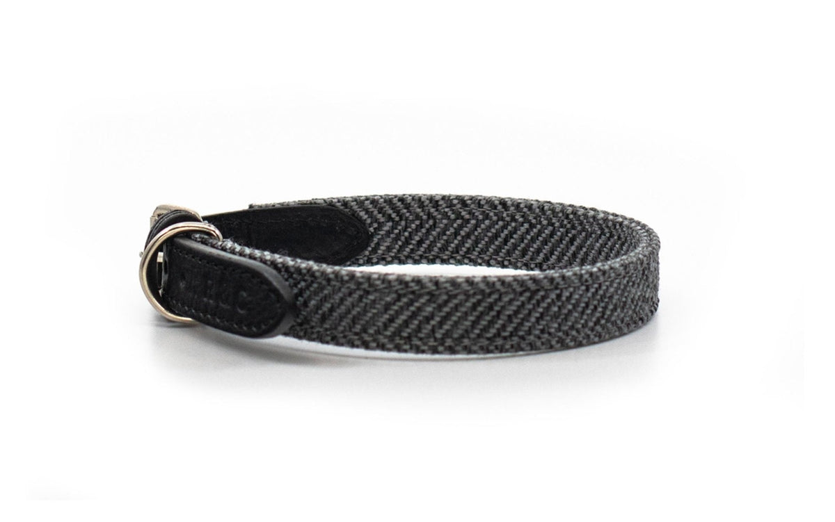 Balmoral Grey Herringbone & Leather Dog Collar